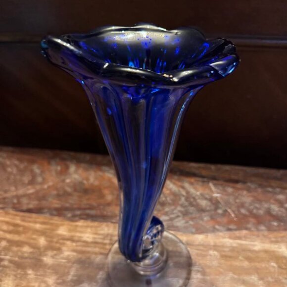 Sabina Glassworks Poland Art Glass Vase Cornucopia 11” Cobalt Blue HandBlown NEW - Picture 1 of 5